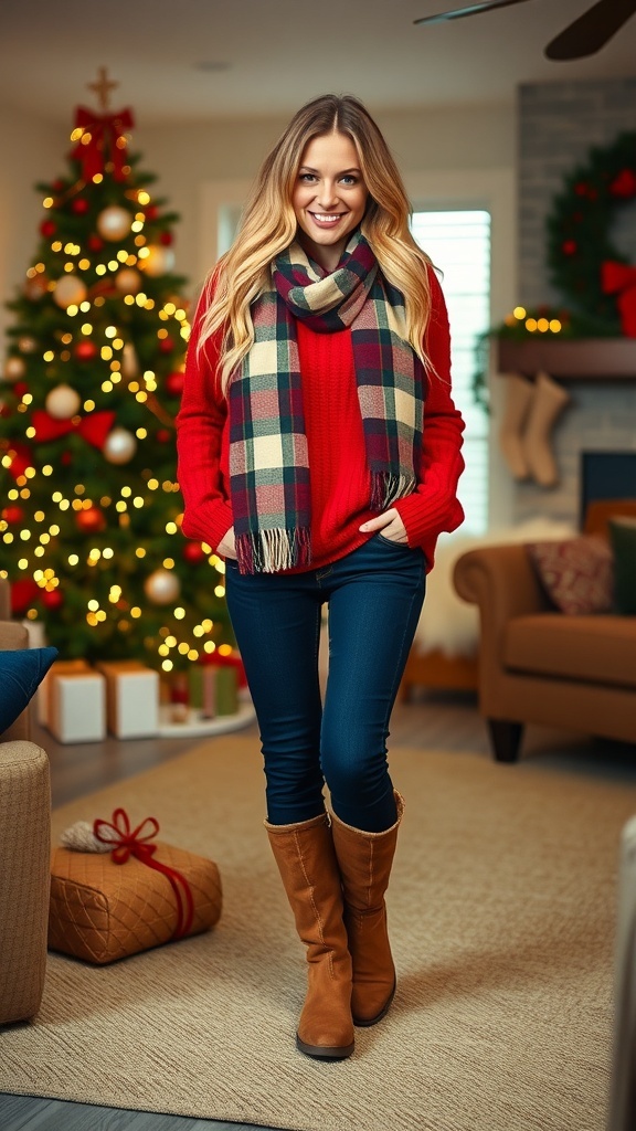 A fashionable Christmas outfit with UGG Tazz boots, oversized sweater, and festive accessories in a cozy holiday setting.